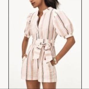 Anthropologie Striped Linen Puff Sleeve Romper